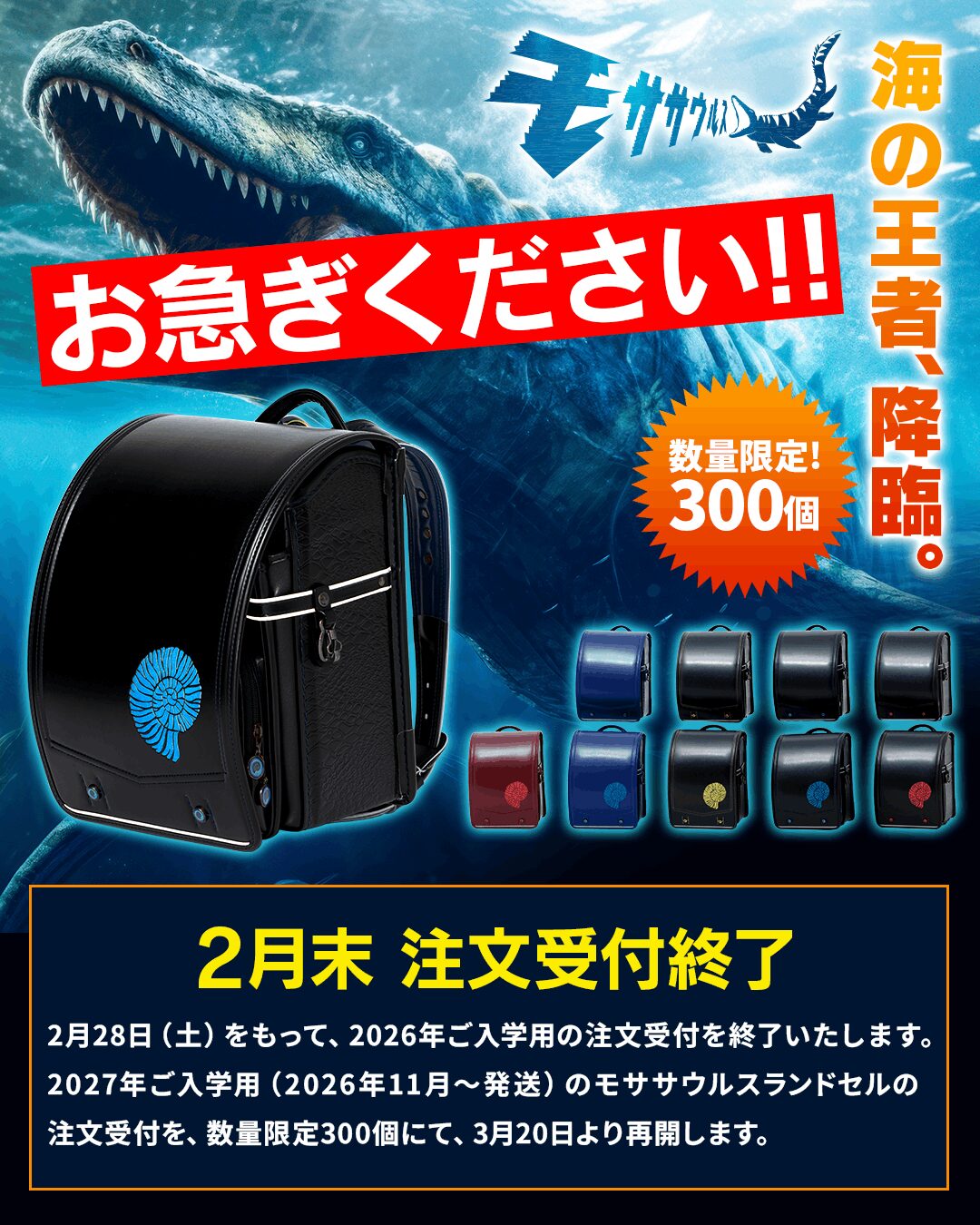 モササウルスランドセル締切迫る